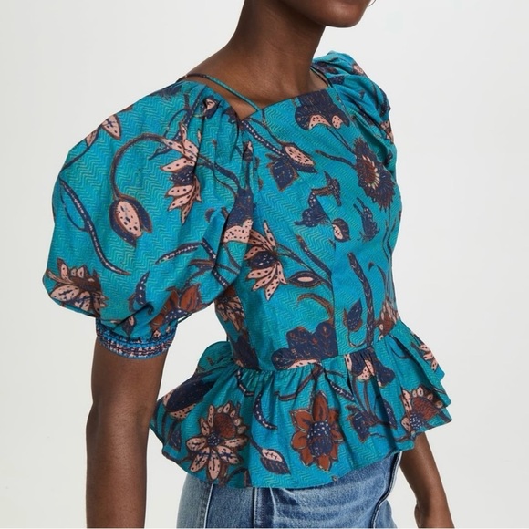Ulla Johnson Puff-Sleeve Blue Floral Peplum Carlotta Blouse Size Small/4 - Picture 9 of 10